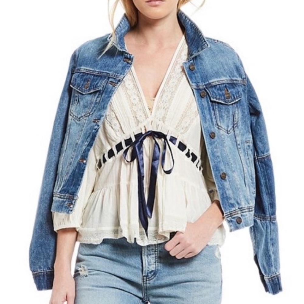 Free People Boho Rumors Denim Patchwork Trucker Jacket Size S - Picture 2 of 11